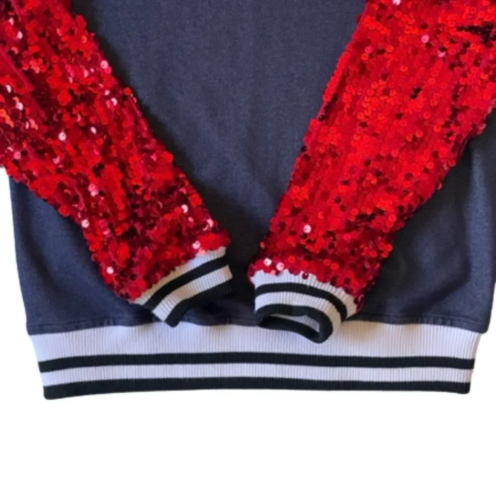 Varsity Jacket with Red Sequin Sleeves used as dance/performance costume. Size M